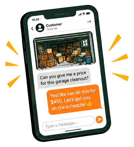 Phone showing a customer texting a garage photo and getting a junk removal price