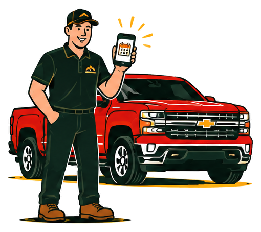Junk removal worker holding a phone with a calendar next to a red pickup truck